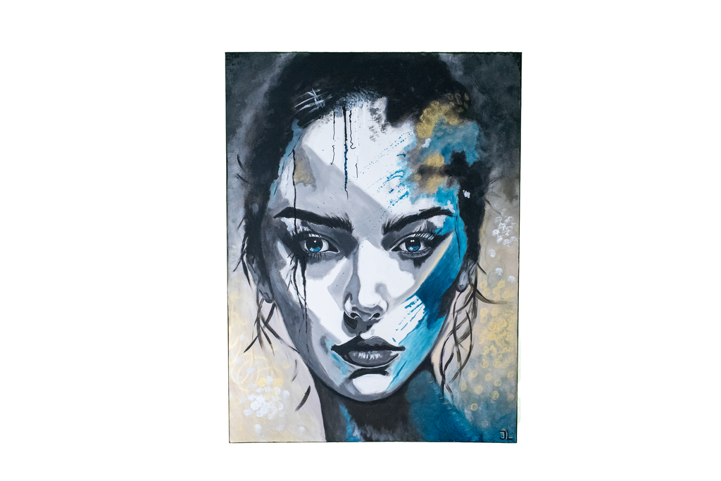 Schilderij “Gezicht in Zwart en Blauw” – Moderne Kunst door Jolanda Lonissen