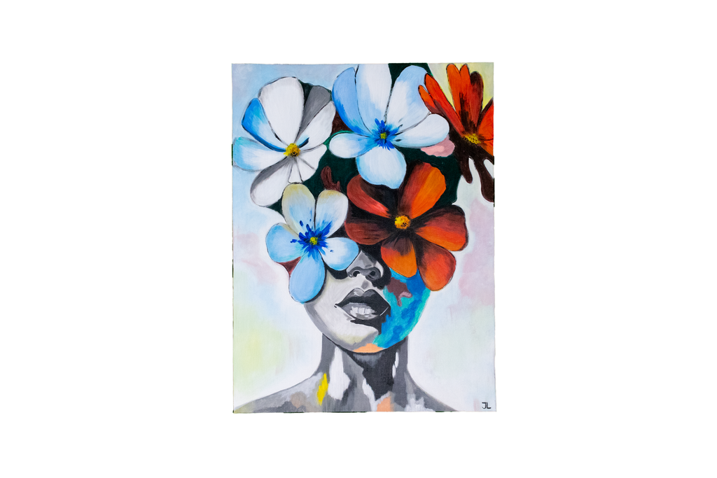 Schilderij “Gezicht Verbloemd door Bloemen” – Hedendaagse Kunst door Jolanda Lonissen