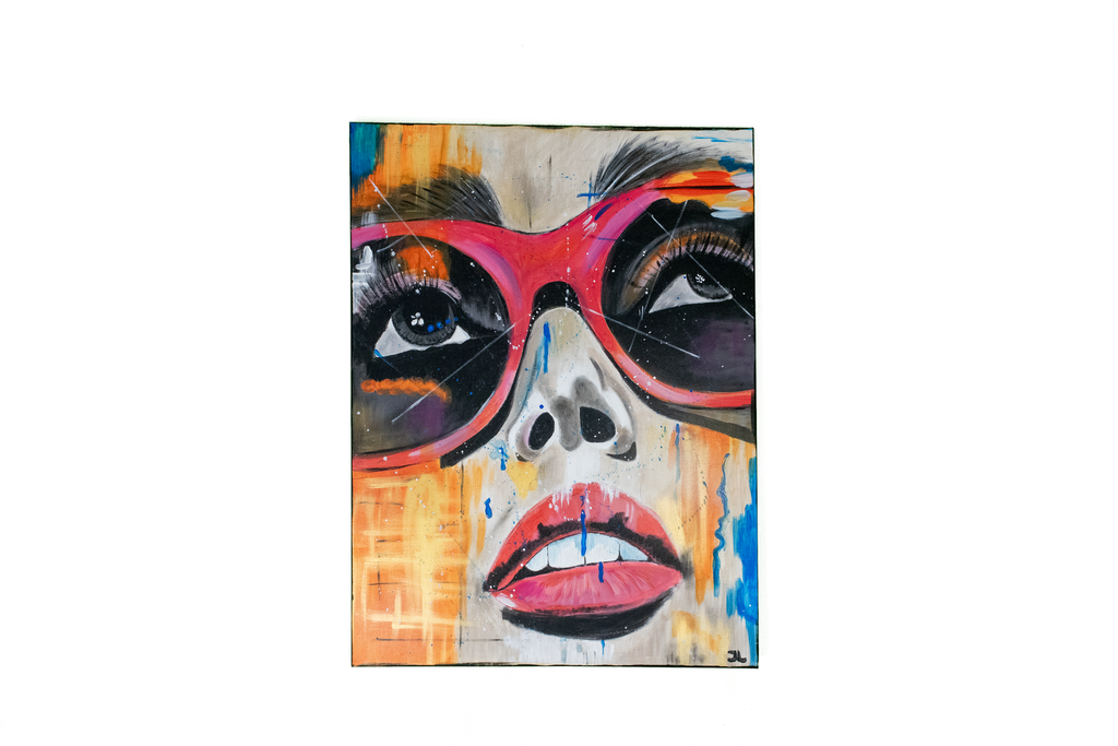 Schilderij “Gezicht met Roze Bril” – Hedendaagse Kleuren door Jolanda Lonissen